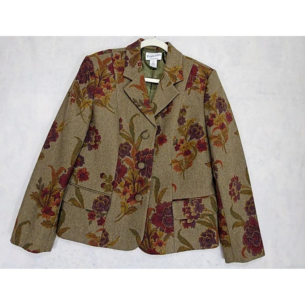Pendleton Wool Blazer Womens 10 Floral Tapestry Print Brown Academia Cottagecore